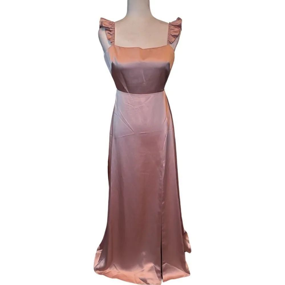 NWTs Dessy Collectiom SOCIAL Ruffle Sleeve Tie Back Satin Gown Size 2